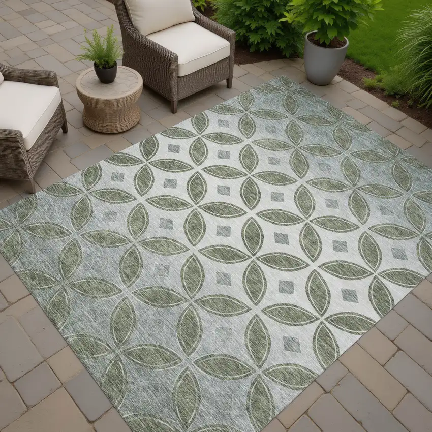Artichoke Green And Ivory Geometric Washable Indoor Outdoor Area Rug Photo 5