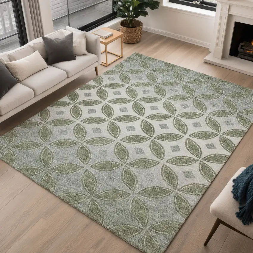 Artichoke Green And Ivory Geometric Washable Indoor Outdoor Area Rug Photo 3