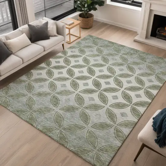 Artichoke Green And Ivory Geometric Washable Indoor Outdoor Area Rug Photo 4