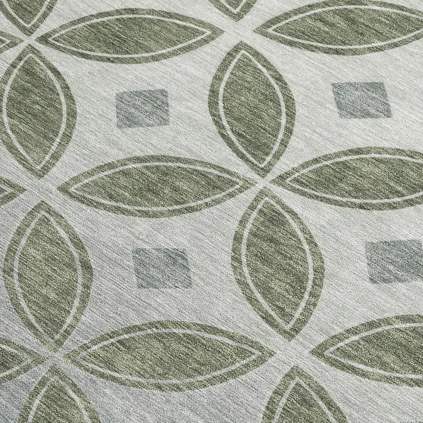Artichoke Green And Ivory Geometric Washable Indoor Outdoor Area Rug Photo 2