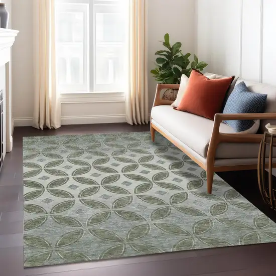 Artichoke Green And Ivory Geometric Washable Indoor Outdoor Area Rug Photo 5