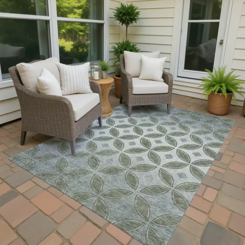 Artichoke Green And Ivory Geometric Washable Indoor Outdoor Area Rug Photo 2
