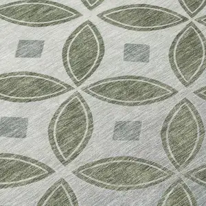 Photo of Artichoke Green And Ivory Geometric Washable Indoor Outdoor Area Rug