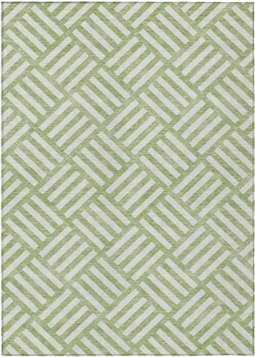 Artichoke Green And Ivory Geometric Washable Indoor Outdoor Area Rug Photo 2