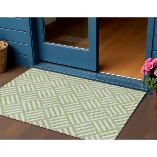 Artichoke Green And Ivory Geometric Washable Indoor Outdoor Area Rug Photo 1