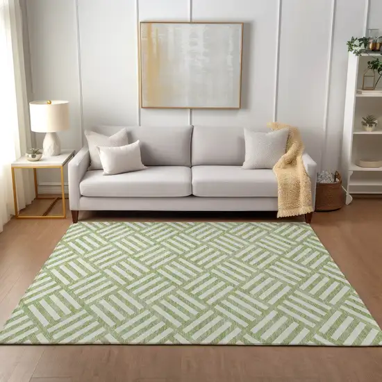 Artichoke Green And Ivory Geometric Washable Indoor Outdoor Area Rug Photo 8