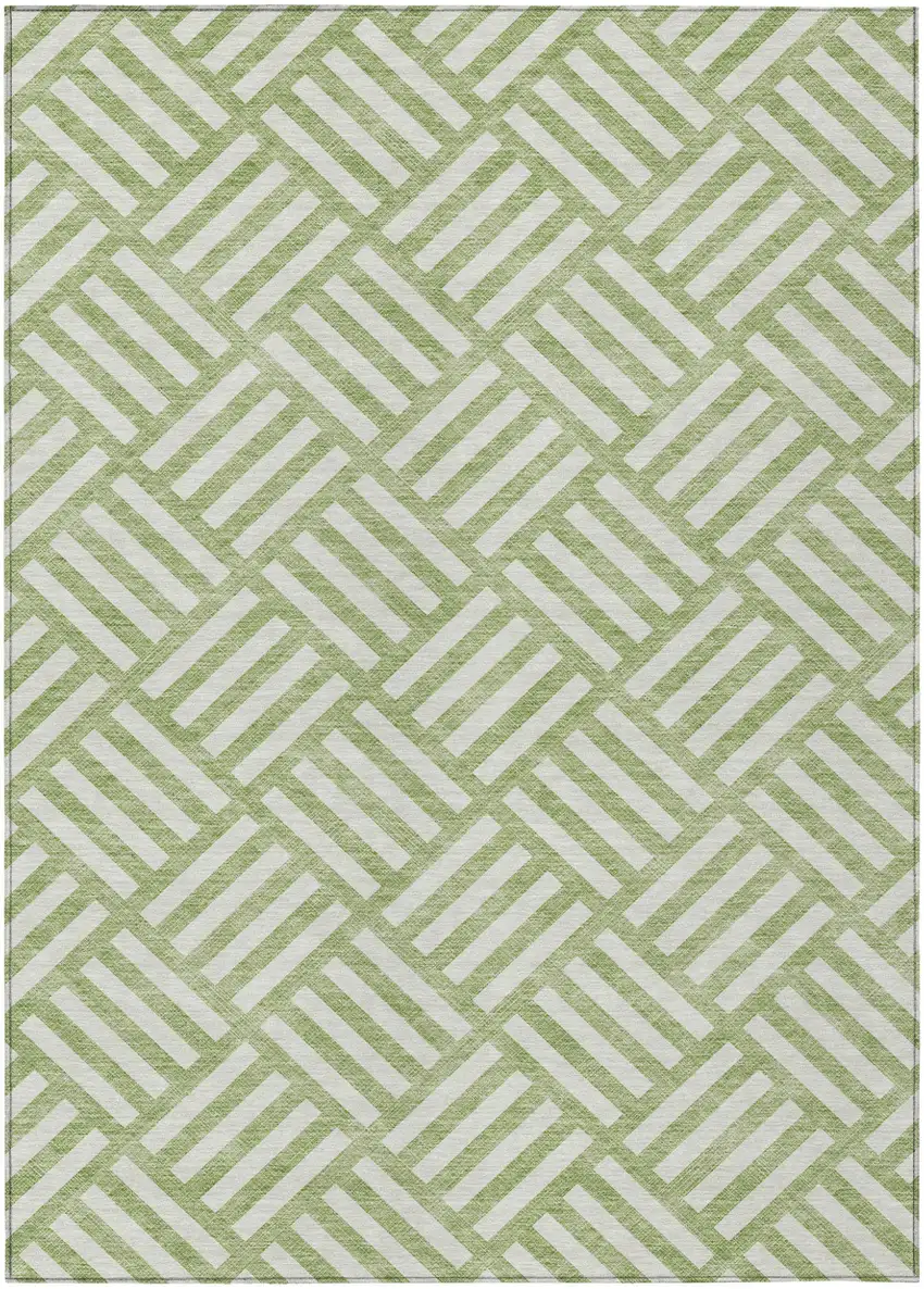 Artichoke Green And Ivory Geometric Washable Indoor Outdoor Area Rug Photo 2