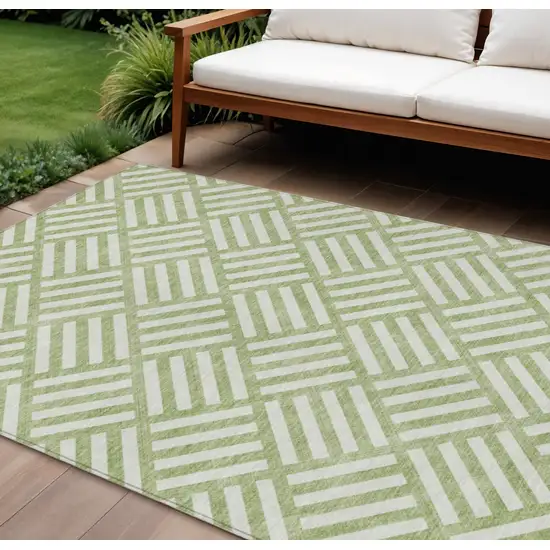 Artichoke Green And Ivory Geometric Washable Indoor Outdoor Area Rug Photo 1