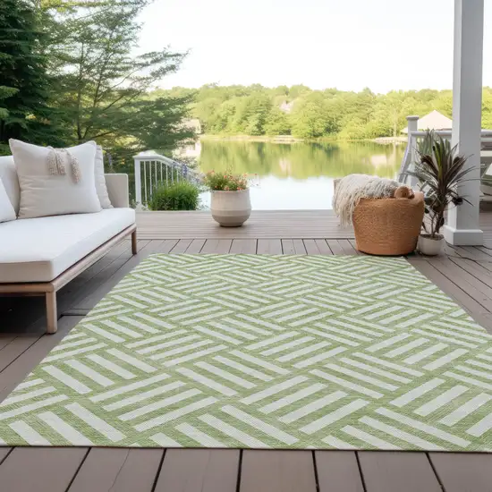 Artichoke Green And Ivory Geometric Washable Indoor Outdoor Area Rug Photo 9