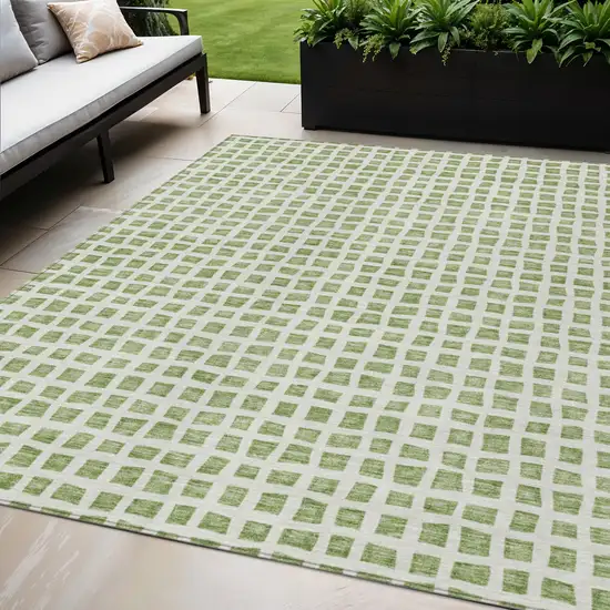 Artichoke Green And Ivory Geometric Washable Indoor Outdoor Area Rug Photo 1