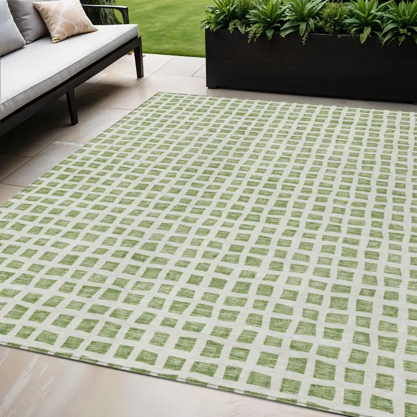 Artichoke Green And Ivory Geometric Washable Indoor Outdoor Area Rug Photo 1