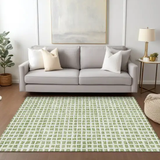 Artichoke Green And Ivory Geometric Washable Indoor Outdoor Area Rug Photo 9