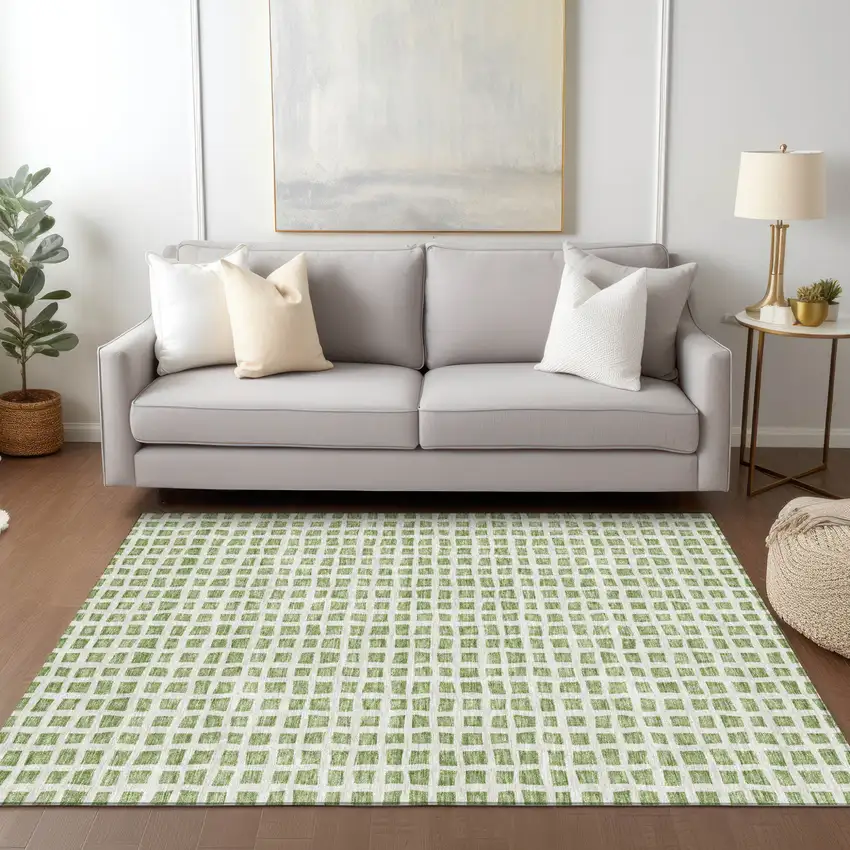 Artichoke Green And Ivory Geometric Washable Indoor Outdoor Area Rug Photo 9