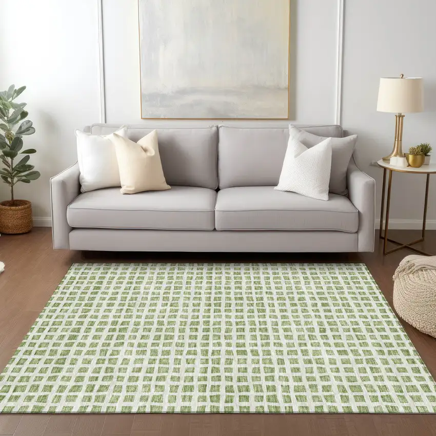 Artichoke Green And Ivory Geometric Washable Indoor Outdoor Area Rug Photo 9