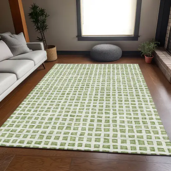 Artichoke Green And Ivory Geometric Washable Indoor Outdoor Area Rug Photo 8