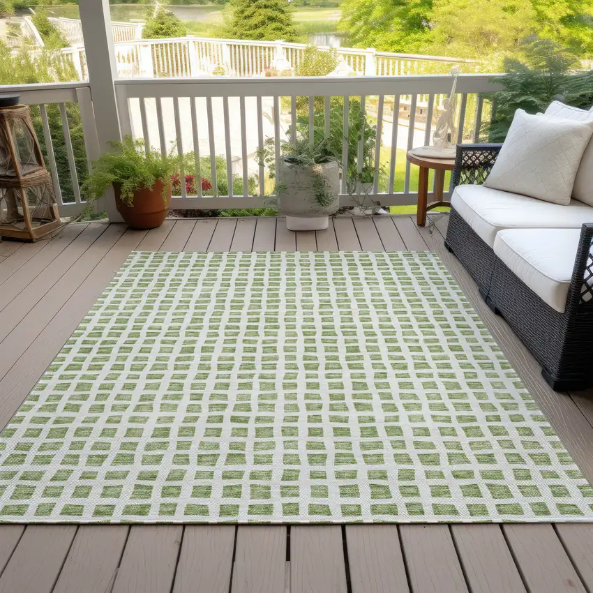 Artichoke Green And Ivory Geometric Washable Indoor Outdoor Area Rug Photo 7
