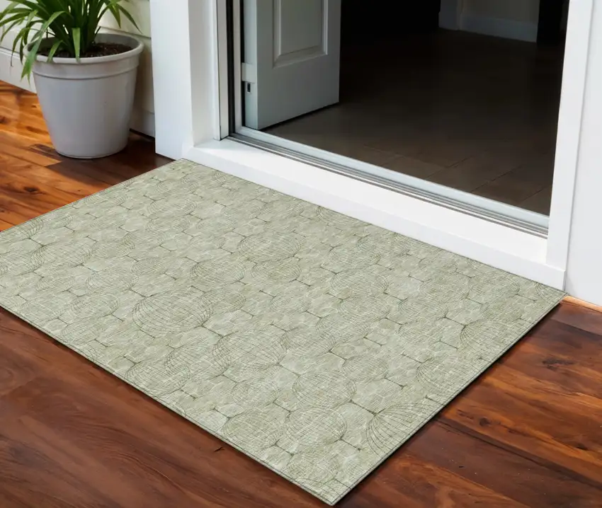 Artichoke Green And Ivory Geometric Washable Indoor Outdoor Area Rug Photo 1