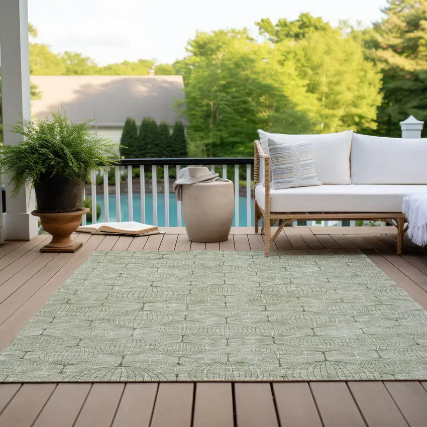 Artichoke Green And Ivory Geometric Washable Indoor Outdoor Area Rug Photo 9