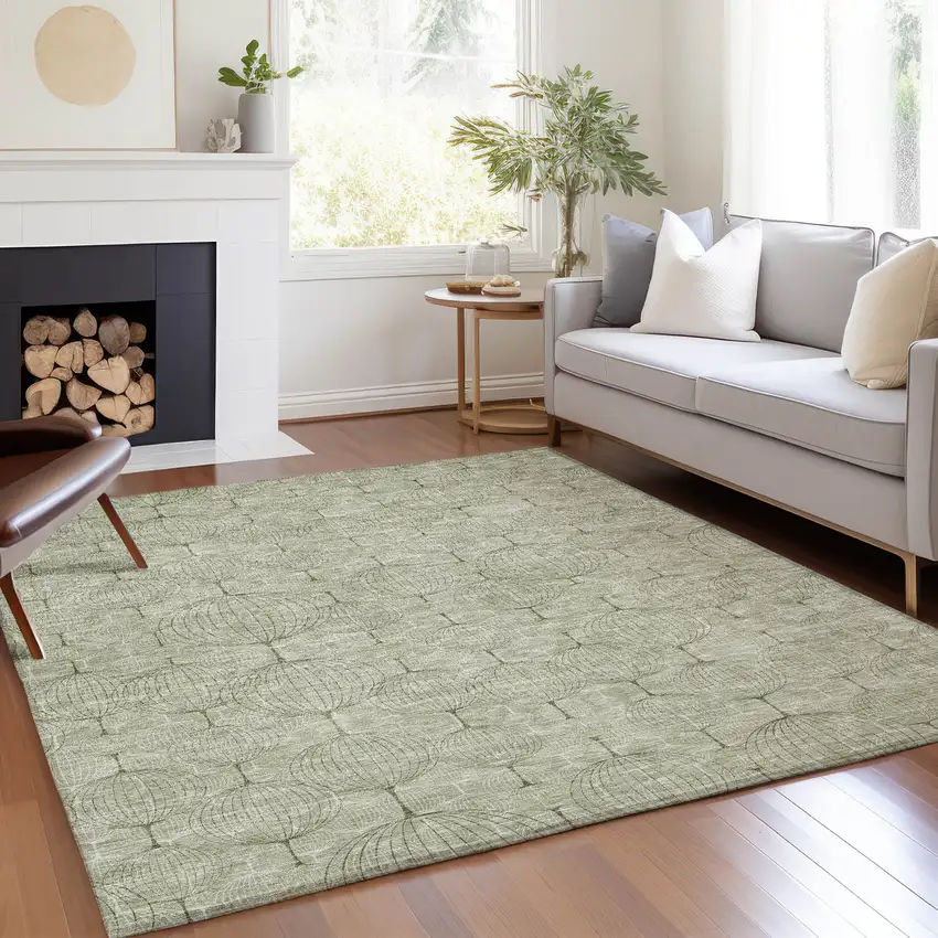 Artichoke Green And Ivory Geometric Washable Indoor Outdoor Area Rug Photo 8