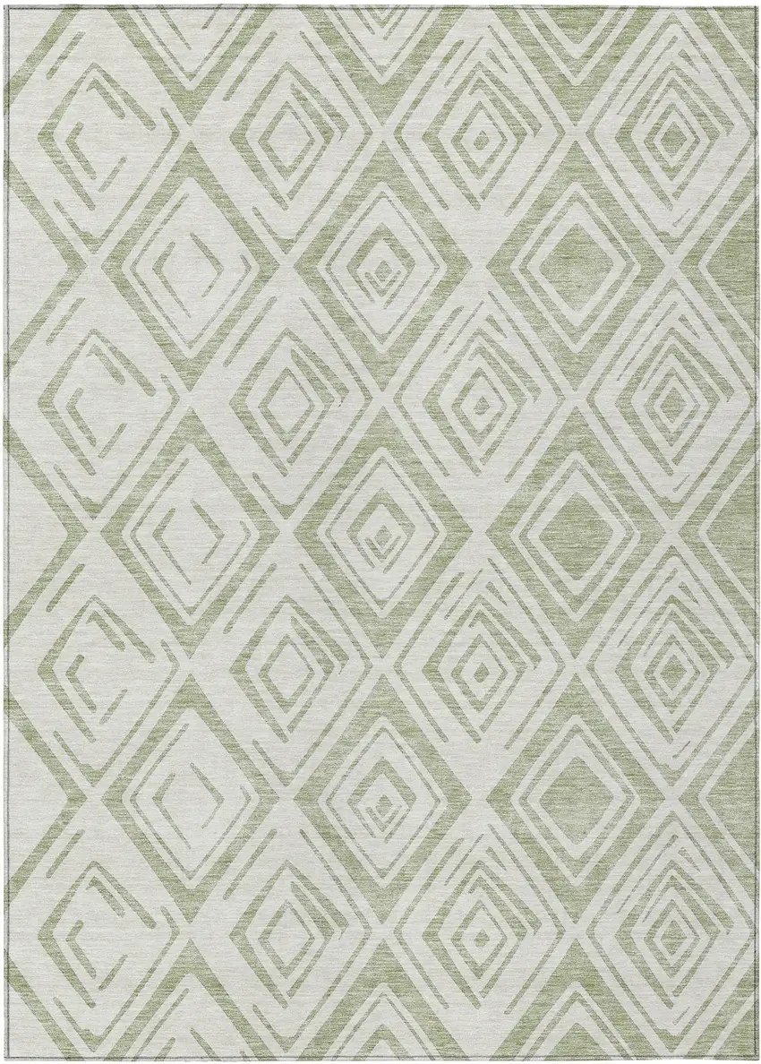 Artichoke Green And Ivory Geometric Washable Indoor Outdoor Area Rug Photo 1