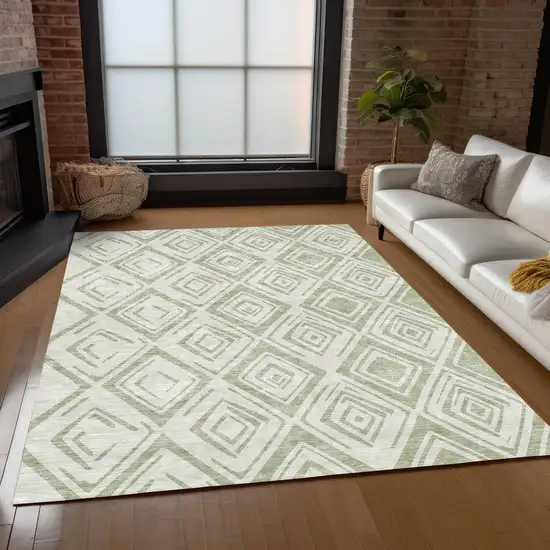 Artichoke Green And Ivory Geometric Washable Indoor Outdoor Area Rug Photo 8