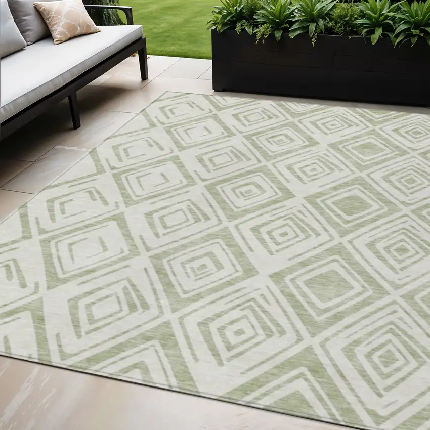 Artichoke Green And Ivory Geometric Washable Indoor Outdoor Area Rug Photo 1