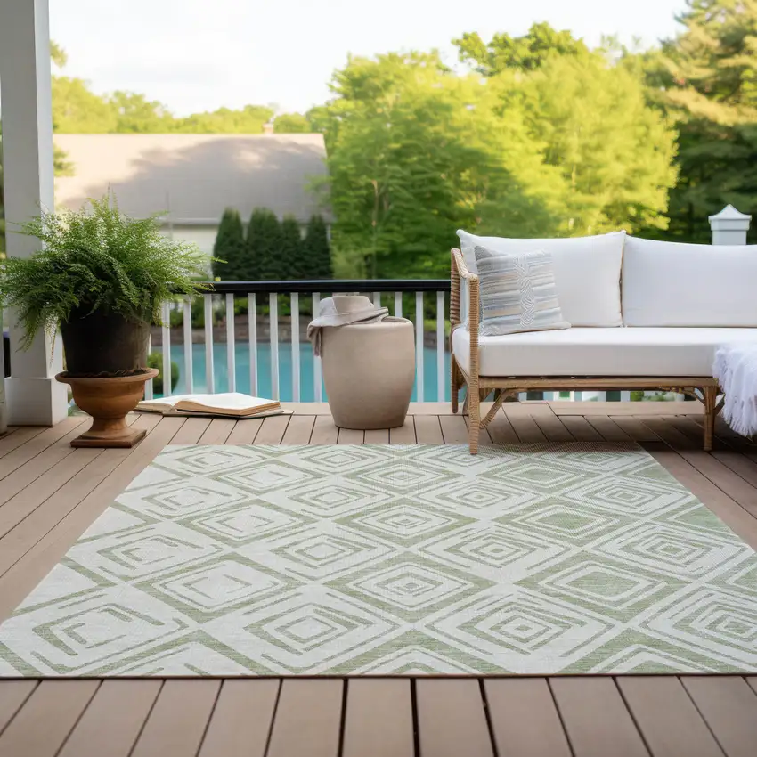 Artichoke Green And Ivory Geometric Washable Indoor Outdoor Area Rug Photo 9