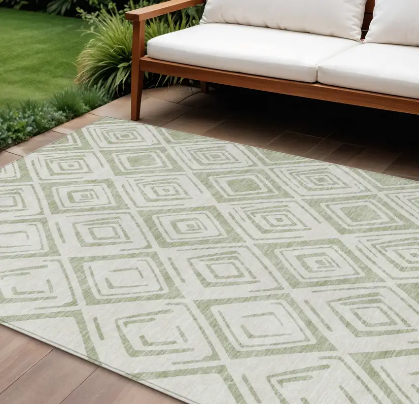 Artichoke Green And Ivory Geometric Washable Indoor Outdoor Area Rug Photo 1