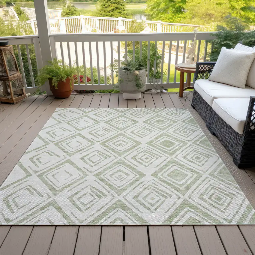 Artichoke Green And Ivory Geometric Washable Indoor Outdoor Area Rug Photo 6