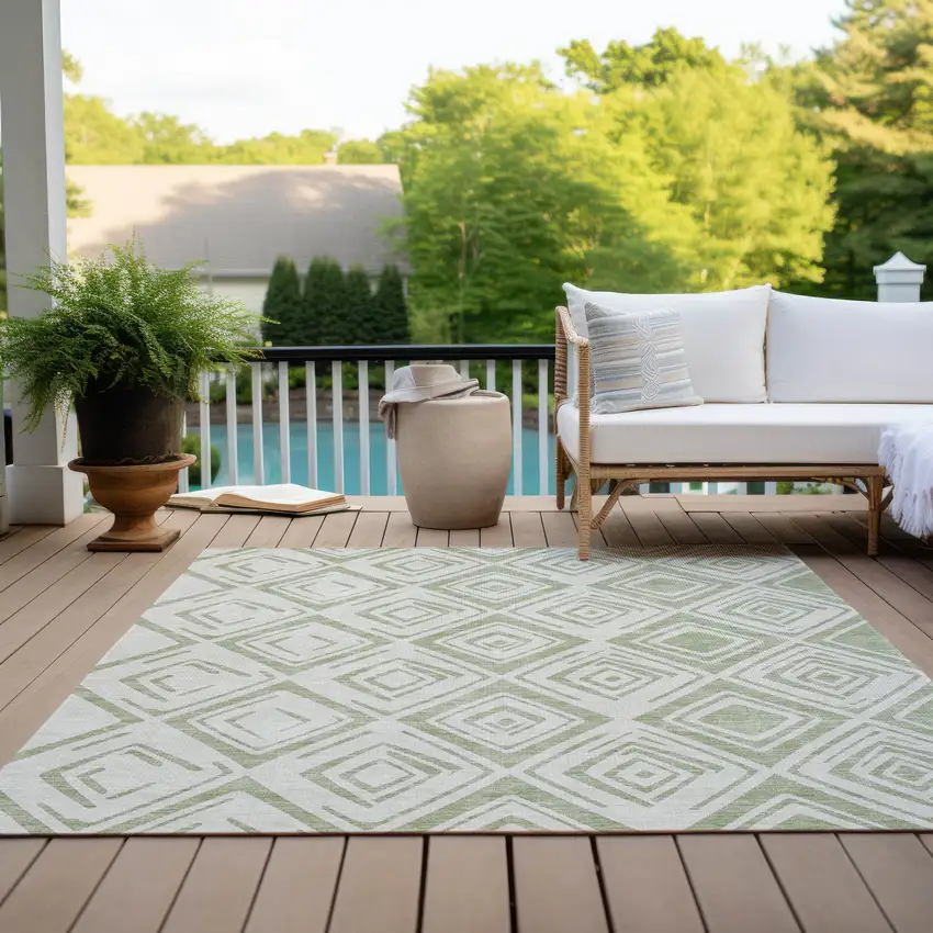 Artichoke Green And Ivory Geometric Washable Indoor Outdoor Area Rug Photo 9