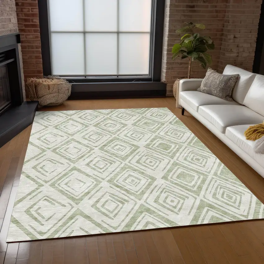 Artichoke Green And Ivory Geometric Washable Indoor Outdoor Area Rug Photo 8
