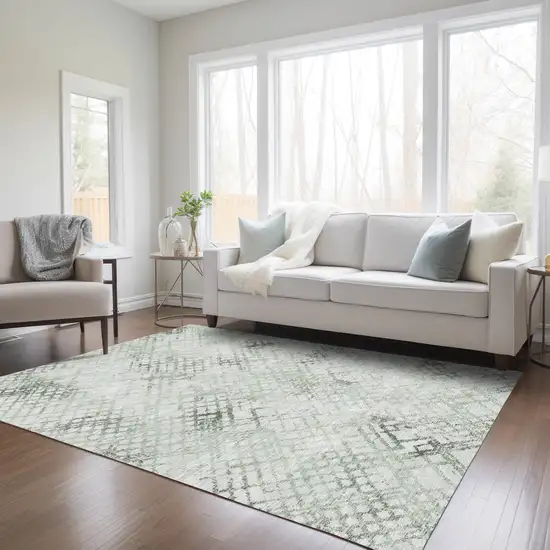 Artichoke Green And Ivory Geometric Washable Indoor Outdoor Area Rug Photo 9