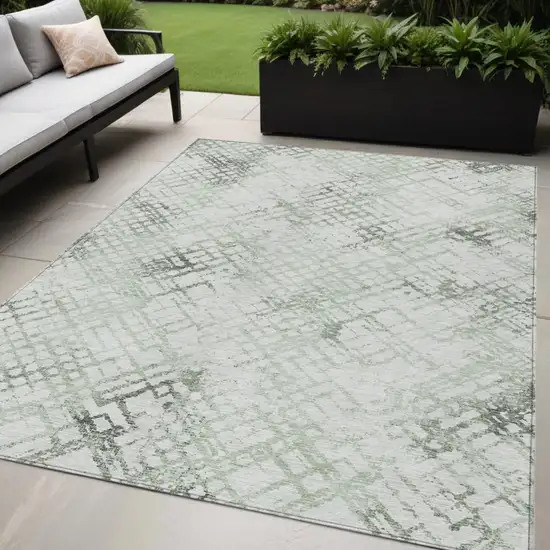 Artichoke Green And Ivory Geometric Washable Indoor Outdoor Area Rug Photo 1