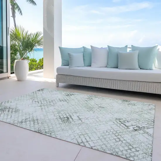 Artichoke Green And Ivory Geometric Washable Indoor Outdoor Area Rug Photo 8