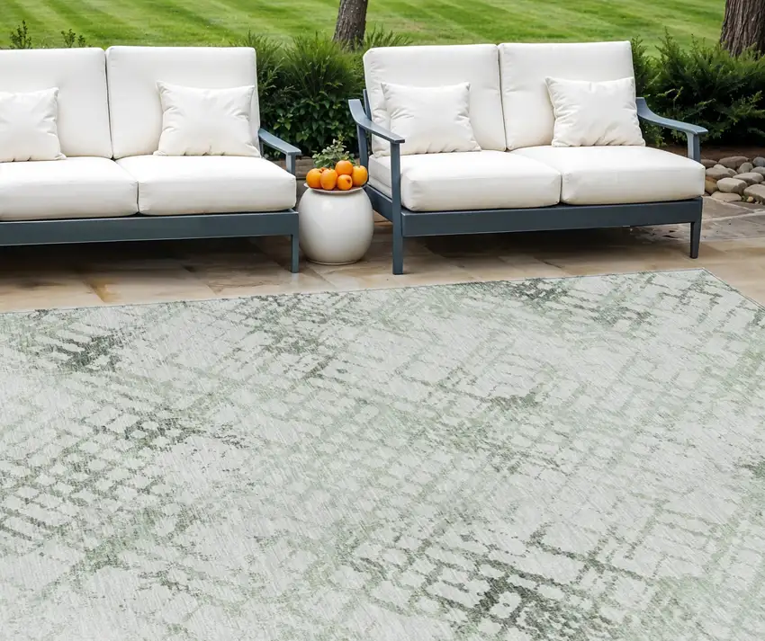 Artichoke Green And Ivory Geometric Washable Indoor Outdoor Area Rug Photo 1