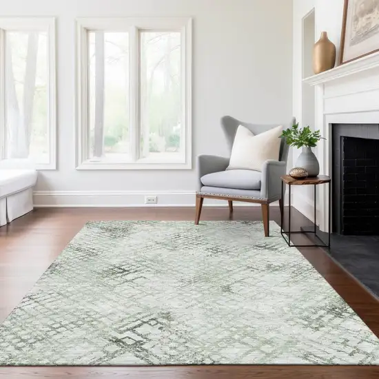 Artichoke Green And Ivory Geometric Washable Indoor Outdoor Area Rug Photo 8
