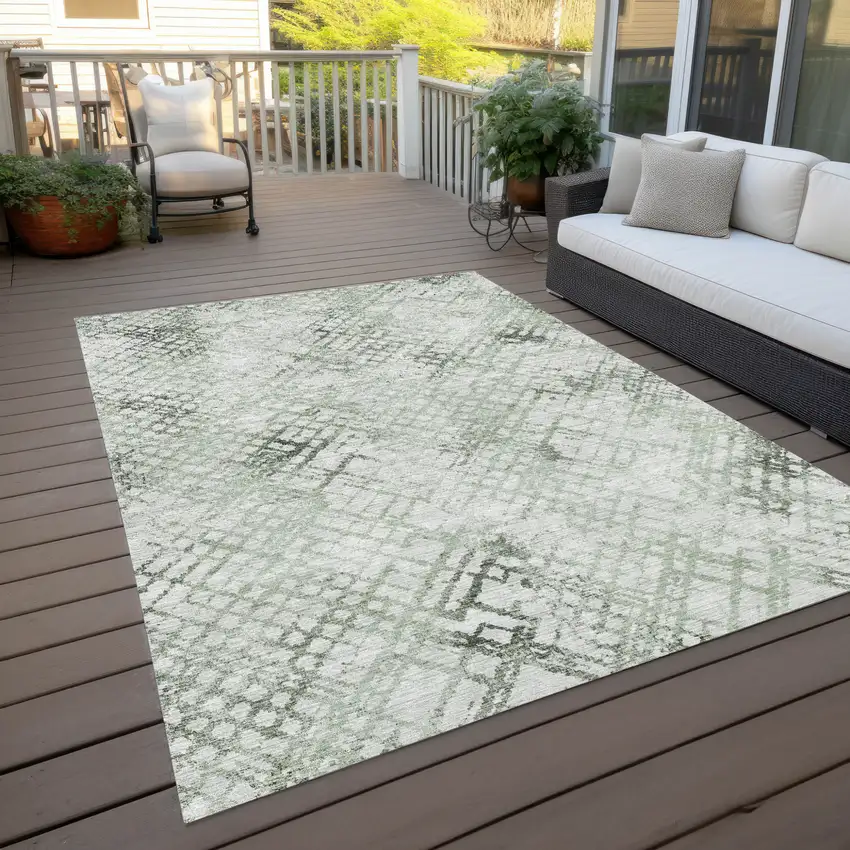 Artichoke Green And Ivory Geometric Washable Indoor Outdoor Area Rug Photo 9