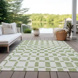 Photo of Artichoke Green And Ivory Geometric Washable Indoor Outdoor Area Rug
