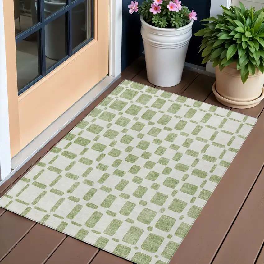 Artichoke Green And Ivory Geometric Washable Indoor Outdoor Area Rug Photo 1