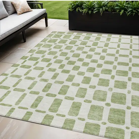 Artichoke Green And Ivory Geometric Washable Indoor Outdoor Area Rug Photo 1