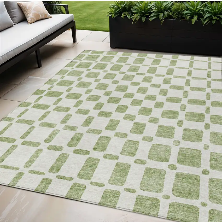 Artichoke Green And Ivory Geometric Washable Indoor Outdoor Area Rug Photo 1
