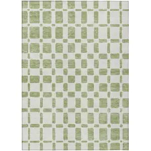 Photo of Artichoke Green And Ivory Geometric Washable Indoor Outdoor Area Rug
