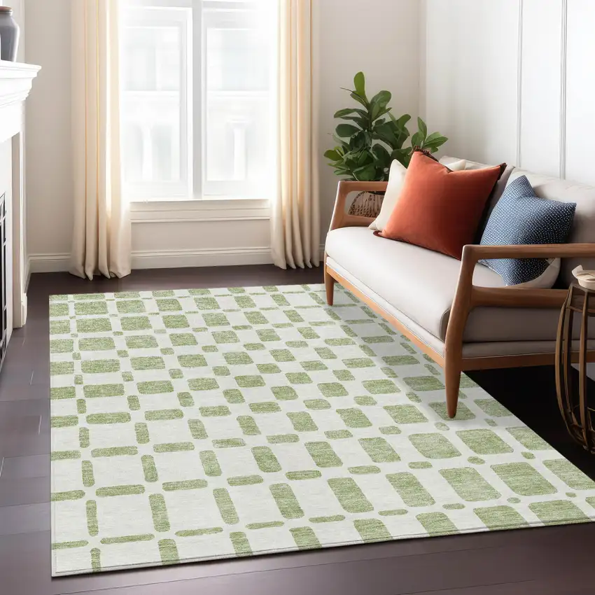 Artichoke Green And Ivory Geometric Washable Indoor Outdoor Area Rug Photo 9