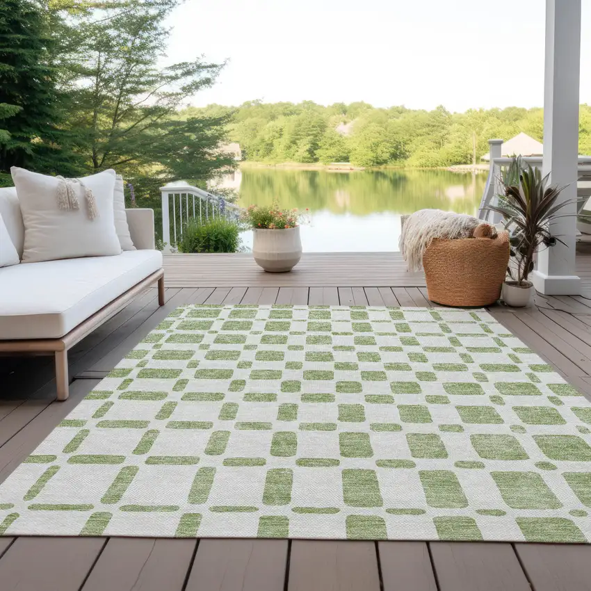 Artichoke Green And Ivory Geometric Washable Indoor Outdoor Area Rug Photo 8