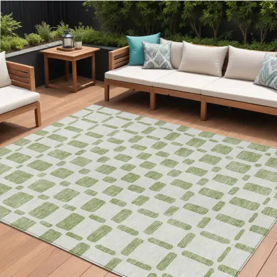 Artichoke Green And Ivory Geometric Washable Indoor Outdoor Area Rug Photo 1