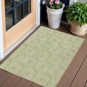 Photo of Artichoke Green And Ivory Geometric Washable Indoor Outdoor Area Rug