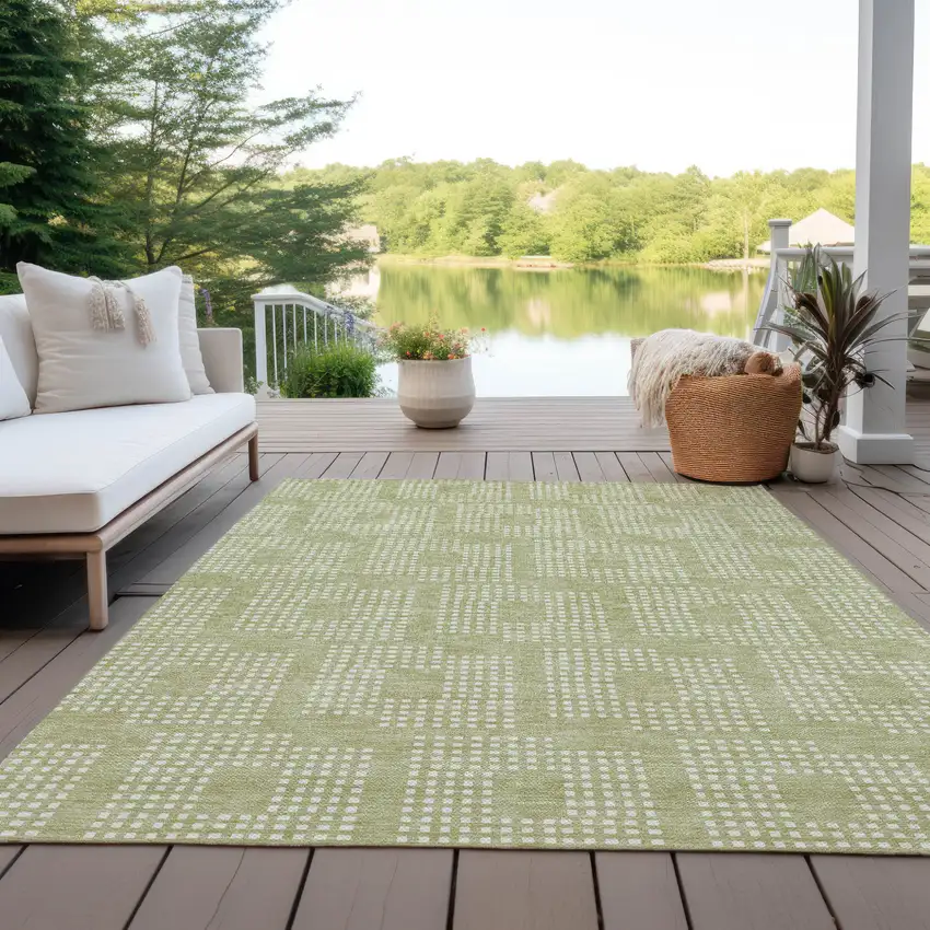 Artichoke Green And Ivory Geometric Washable Indoor Outdoor Area Rug Photo 8