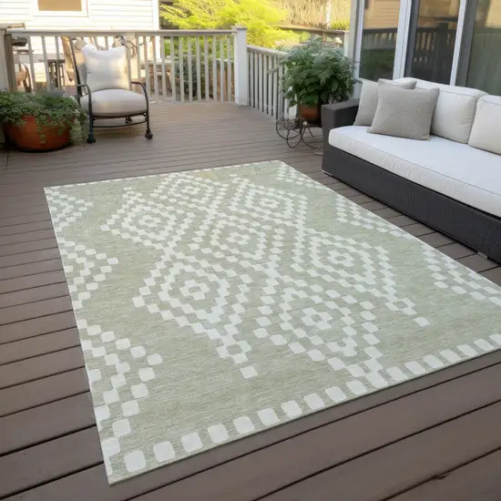 Artichoke Green And Ivory Geometric Washable Indoor Outdoor Area Rug Photo 8
