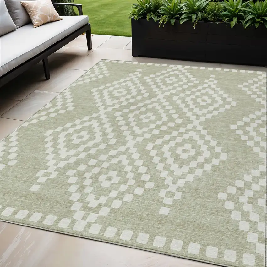 Artichoke Green And Ivory Geometric Washable Indoor Outdoor Area Rug Photo 1