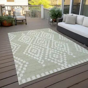 Photo of Artichoke Green And Ivory Geometric Washable Indoor Outdoor Area Rug